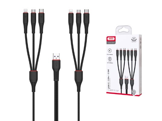 XO kabl 6in1 USB - Lightning + USB-C + microUSB 2.1A crni NB196
